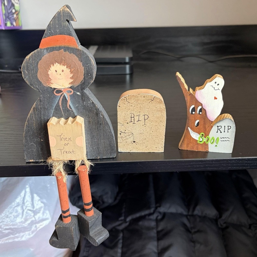 Set Of 3 Halloween Shelf Sitter Witch RIP Ghost Cottage Country VTG Wood Folk